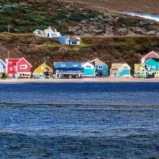 Prompt: A rainbow on top of the sea, with houses on a beachside and seagulls flying