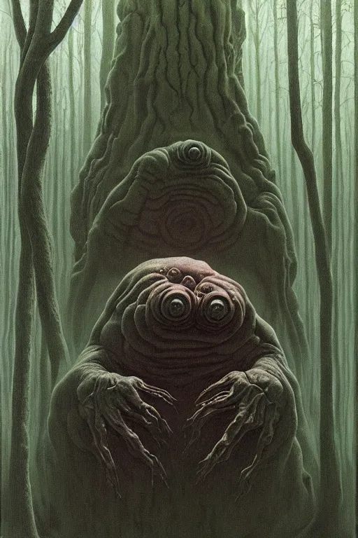 Image similar to painting of eldritch giant tardigrades striking a terrifying pose, scene inside forest, by zdzislaw beksinski, by dariusz zawadzki, by wayne barlowe, gothic, surrealism, cosmic horror, lovecraftian, cold hue's, warm tone gradient background, concept art, beautiful composition