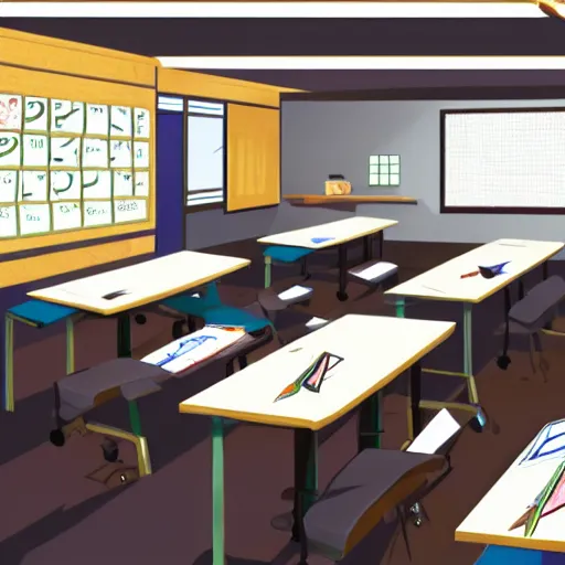Typical anime classroom, empty, digital art,, Stable Diffusion