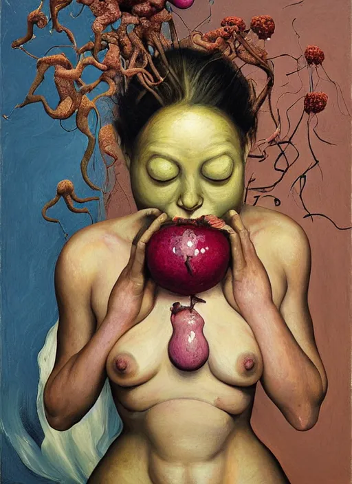 Image similar to Oil painting - She Eats of the Strangling Fruit and Her gossamer polyp blossoms bring iridescent fungal flowers whose spores black the foolish stars by Lucian Freud, and Mariusz Lewandowski, Abstract brush strokes, Masterpiece, Edward Hopper and James Gilleard, Zdzislaw Beksinski, Mark Ryden, Wolfgang Lettl, hyper detailed, hints of Yayoi Kasuma