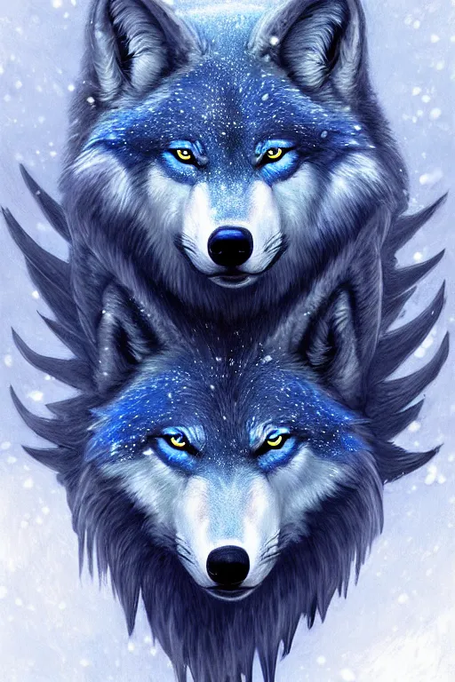 Image similar to blue wolf with wings, facing front, regal, elegant, winter, snow, beautiful, stunning, hd, illustration, epic, d & d, fantasy, intricate, elegant, highly detailed, digital painting, artstation, concept art, smooth, sharp focus, illustration, wallpaper, art by artgerm and greg rutkowski and alphonse mucha and jin xiaodi