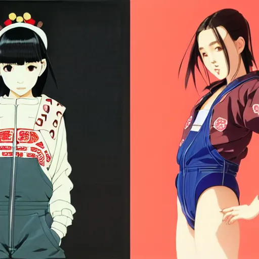 Image similar to a beautiful japanese natalie portman gravure model, wearing oversized native designer bomber jacket and leotard with overalls, bulky poofy bomber jacket with mesoamerican patterns, mesoamerican native street fashion, gapmoe yandere grimdark, trending on pixiv fanbox, painted by greg rutkowski makoto shinkai takashi takeuchi studio ghibli, akihiko yoshida