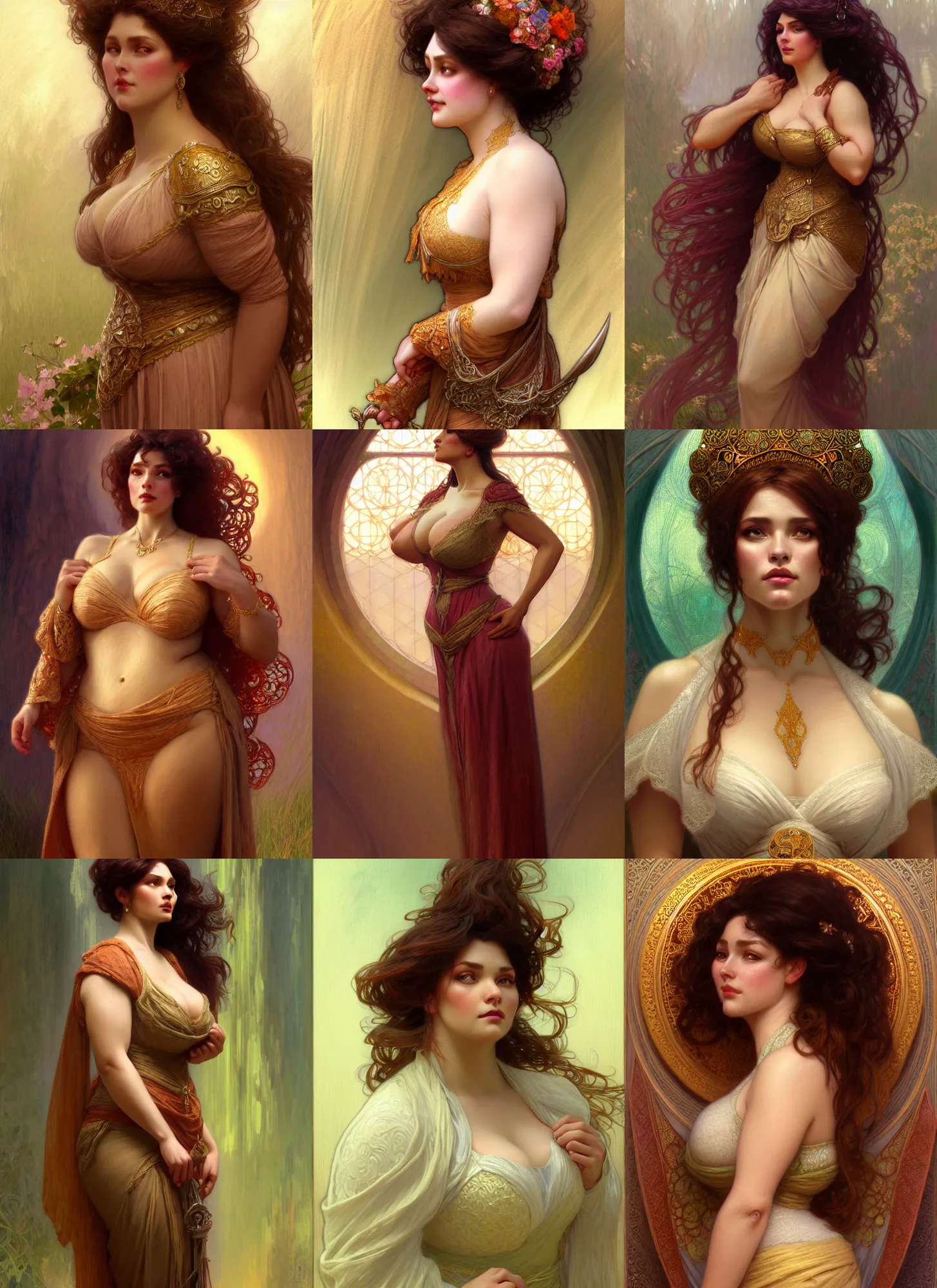 Prompt: character concept portrait of me as modest wife blessed by god to grow ever more intelligent beautiful curvy voluminous muscular tall and virtuous. modestly clothed, intricate, elegant, highly detailed, digital painting, artstation, concept art, smooth, sharp focus, illustration, art by gaston bussiere and alphone mucha