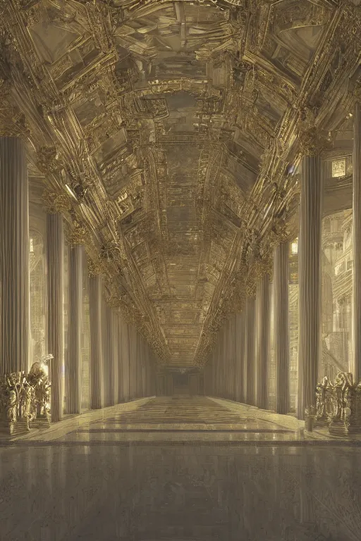 Prompt: gigantic palace Throne room, adorned pillars, towers, landscape, alex ross, neal Adams, david finch, concept art, matte painting, highly detailed, rule of thirds, dynamic lighting, cinematic, detailed, denoised, centerd