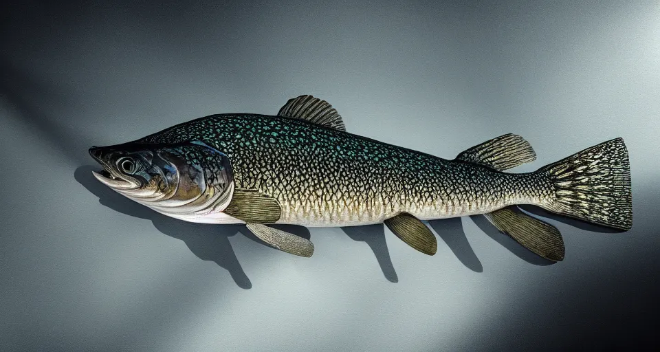 Prompt: a beautiful painting of a northern pike, octane render, intricate, ultra wide angle, trending on artstation, daylight, volumetric lighting, ray lighting from top of frame, crepuscular ray lighting from above, dynamic lighting, muted colors, polished, micro details, ray tracing, 8 k