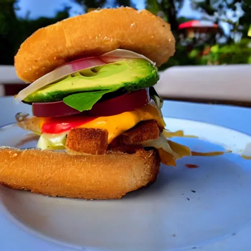 Image similar to one sandwich with fried tofu, one tomato slice, mayonaisse, one onion ring, avocado, melted cheddar, over a red dish that is on a table, with a sunset and rainbow in the background with saturn and stars in the sky