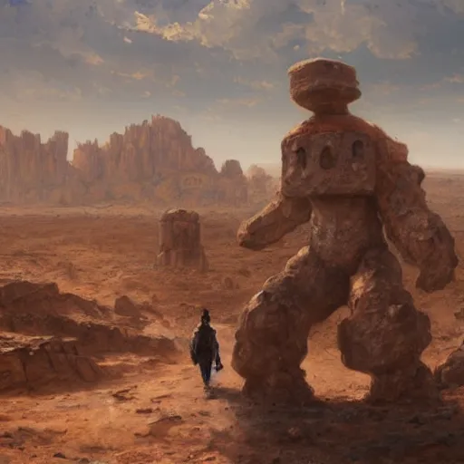 Prompt: panorama of giant stone golem carrying a city on its back walking through a desert, oil painting, by greg rutkowski