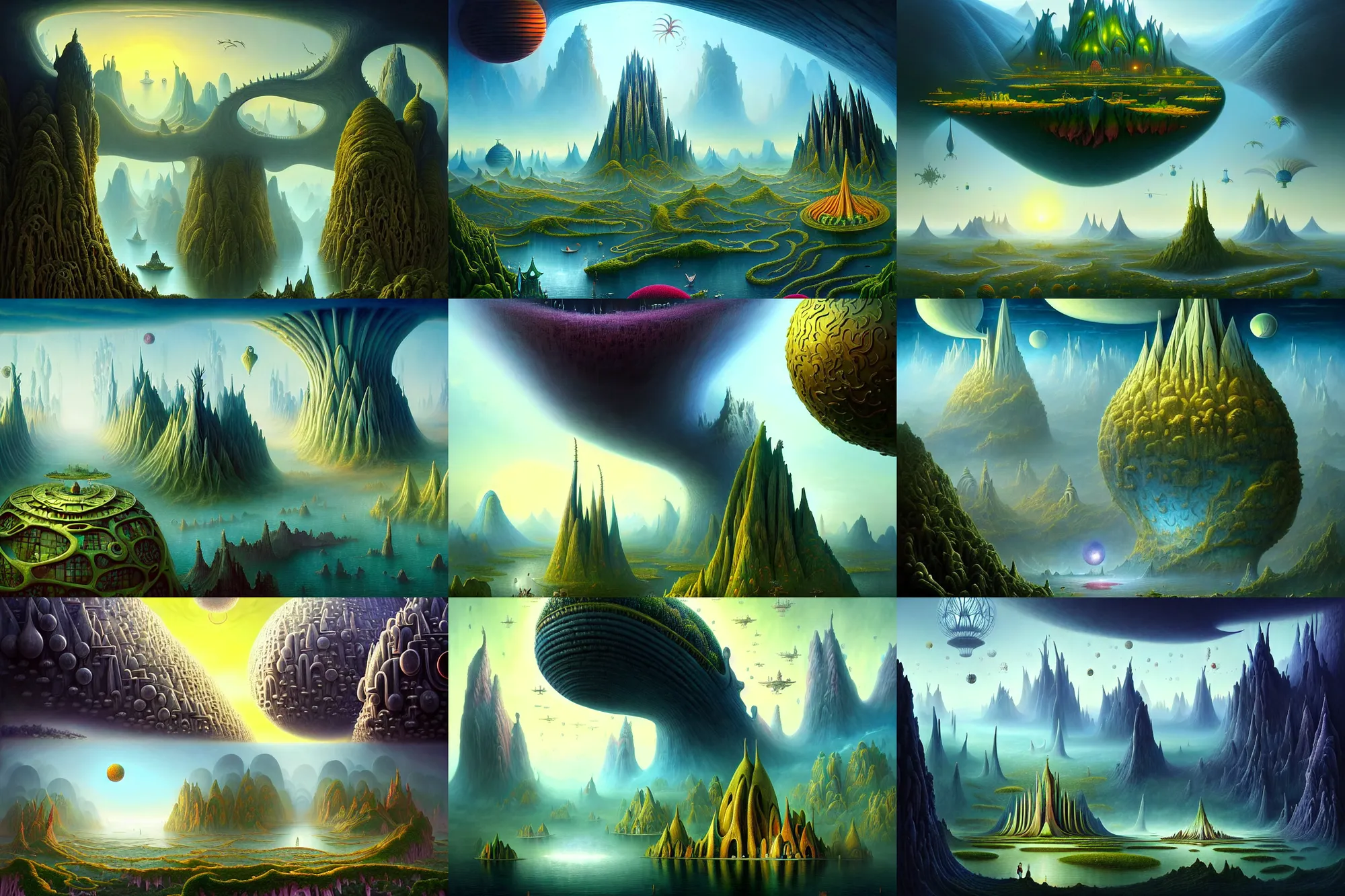 Prompt: a beguiling epic stunning beautiful and insanely detailed matte painting of alien dream worlds with surreal architecture designed by Heironymous Bosch, mega structures inspired by Heironymous Bosch's Garden of Earthly Delights, vast surreal landscape and horizon by Asher Durand and Andrew Ferez and Cyril Rolando and Oh Ji Hoon and Tyler Edlin, masterpiece!!!, grand!, imaginative!!!, whimsical!!, epic scale, intricate details, sense of awe, elite, wonder, insanely complex, masterful composition!!!, sharp focus, fantasy realism, dramatic lighting