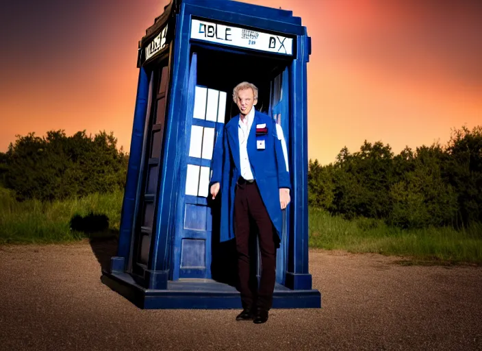 Image similar to dslr photo portrait still of hugh laurie as doctor who in front of the tardis at sunset, 8 k, 8 5 mm f 1. 4