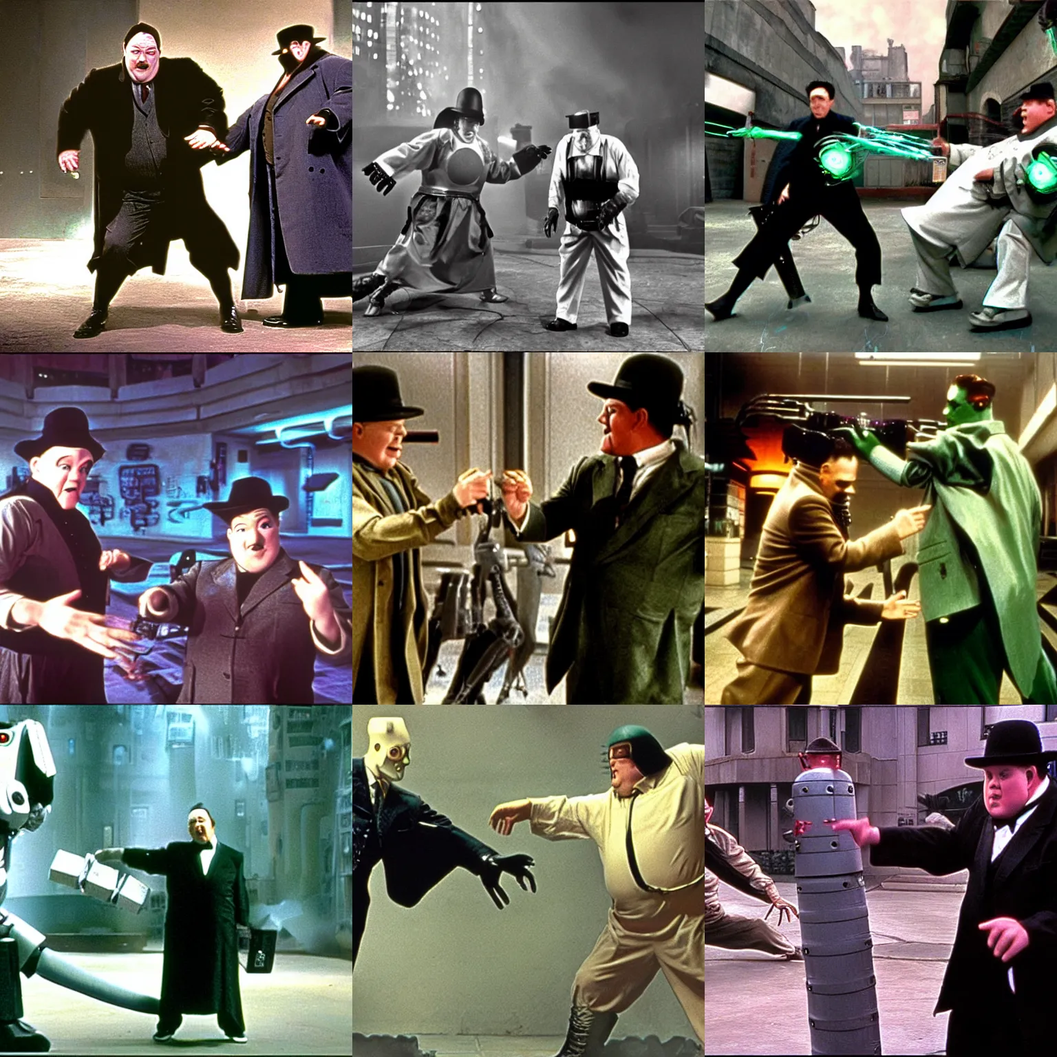 Prompt: stan laurel and oliver hardy fighting robots in the science fiction movie the matrix by the wachowskis, cinestill, very detailed