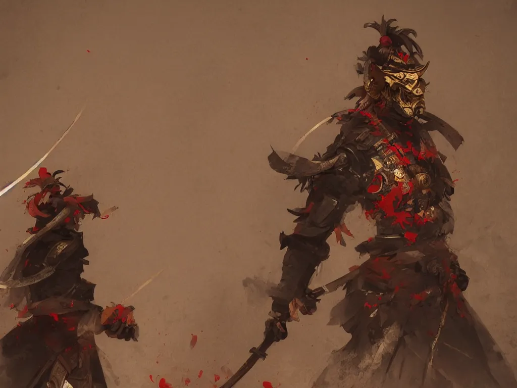 Image similar to samurai with demon mask, old japanese room on backround, artstation, cgsociety, greg rutkowski, wlop