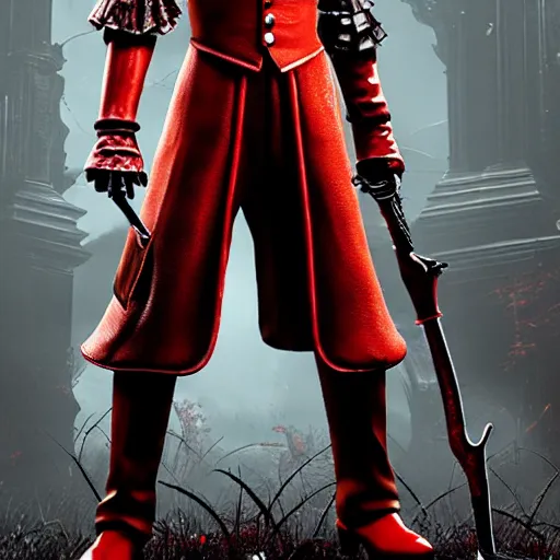 Image similar to Screenshot of Ronald McDonald in the game Bloodborne, highly detailed, front view