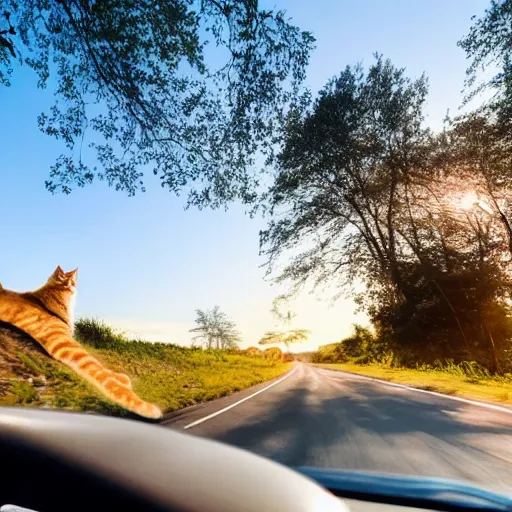 Prompt: convertible with cat driving on road, clear sky, golden hour, unobstructed road