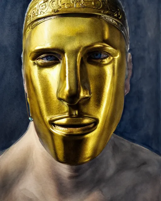 Image similar to watercolor painting portrait of man with a golden mask, photorealistic, shaded, cinematic lighting, high production value, intricate details, high resolution, hdr, high definition, masterpiece, realistic, ultrarealistic, highly detailed, hd, sharp focus, non blurry, sharp, smooth