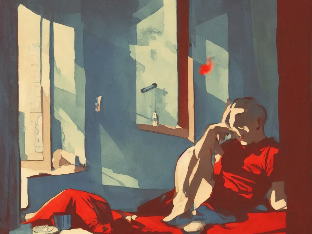 Image similar to single man sitting by the window, smoking a cigarette, blue shorts, red adidas shirt, bedroom, small fan, night, dimly lit, art nouveau style