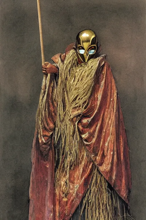 Prompt: a shaman in a rainbow hooded poncho, a venetian mask and holding a gold cane. by alan lee