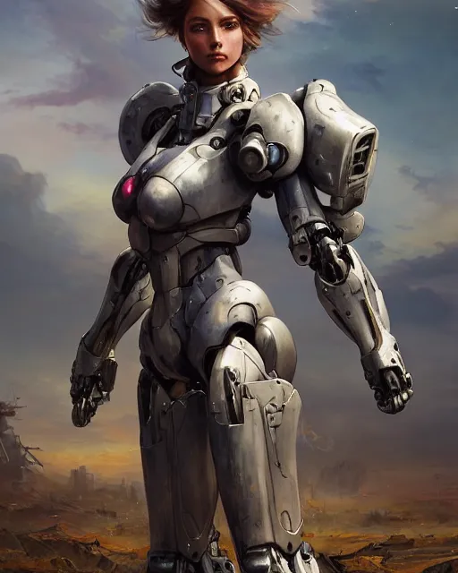 Image similar to daniel gerhartz and artgerm full portrait digital rococo painting of a beautiful serious woman wearing a mecha suit, war torn battlefield in the background, unreal engine, hyper realism, realistic shading, cinematic composition, blender render, octane render, hdr, detailed textures, photorealistic, wide shot, 3 5 mm film