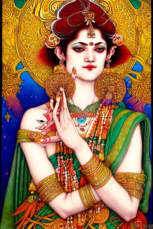 Image similar to beautiful and playful ginger hindu dancer, art nouveau, fantasy, intricate indian flower designs, elegant, delicate hands, highly detailed, sharp focus, art by chie yoshii