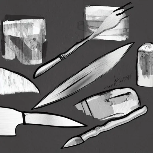 Prompt: hard edges, brush, shapes, ink, knives