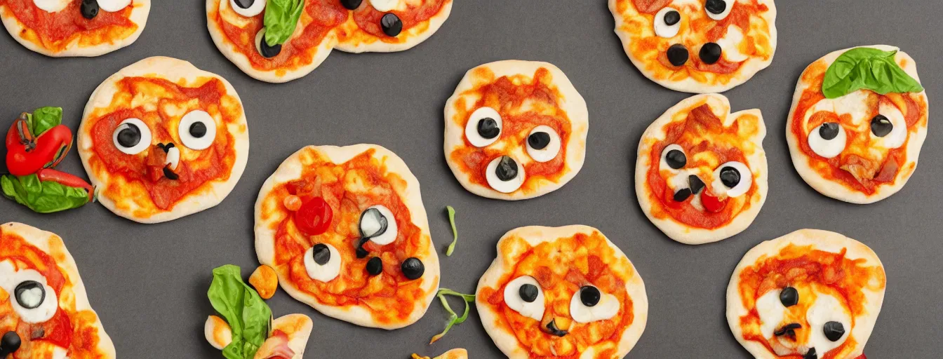 Prompt: ' mini pizzas in the shape of cute tigers, professional food photography, detailed'