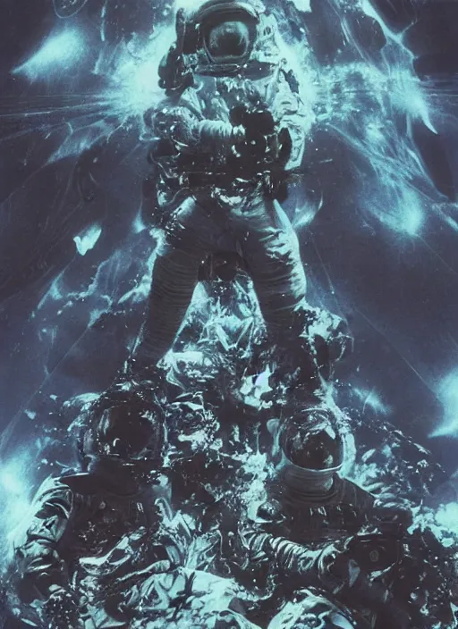 Image similar to astronauts in dark void underwater - complex and hyperdetailed technical suit. reflection and dispersion materials. rays and dispersion of light. volumetric light. f / 3 2. noise film photo. flash photography. ultra realistic, wide angle. poster by wayne barlowe, hajime sorayama aaron horkey, craig mullins