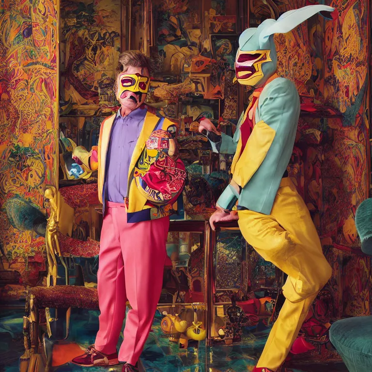 Image similar to vogue photoshoot octane render portrait by wayne barlow and carlo crivelli and glenn fabry, focus on an eccentric man in a bright colorful pastel wes anderson uniform and a luchador mask inside a high - end exotic vintage boutique hotel lounge, very short depth of field, bokeh