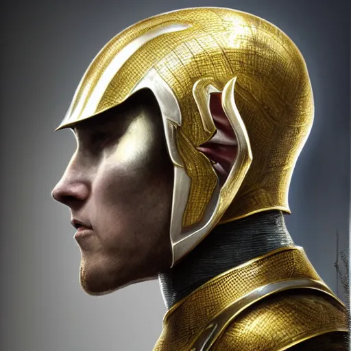Prompt: elf profile view with armor in golden and silver colors and a curve long sword in, epic masterpiece of cinematographic hyperrealism, realistic shaded lighting poster by craig mallismo, artgerm, jeremy lipkin and michael garmash, unreal engine, radiant light, detailed and intricate environment, digital art, art station trends