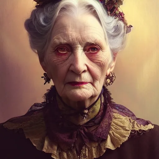 Prompt: portrait painting of an extremely fancy elderly woman with a devious expression, gaslamp fantasy, victorian, ultra realistic, concept art, intricate details, eerie, highly detailed, photorealistic, octane render, 8 k, unreal engine. art by artgerm and greg rutkowski and charlie bowater and magali villeneuve and alphonse mucha