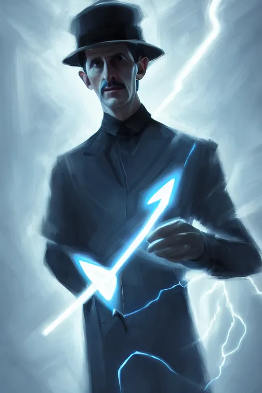 Image similar to nikola tesla, lightning, portrait, sharp focus, fantasy, digital art, concept art, dynamic lighting, epic composition, trending on artstation, by emylie boivin 2. 0, rossdraws 2. 0