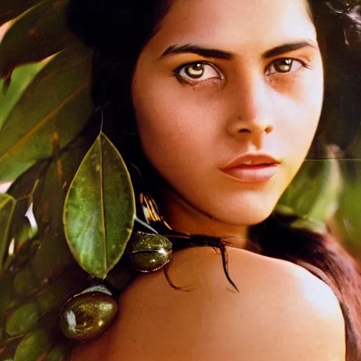 Image similar to vintage portrait of a stunningly beautiful amazonian female, dark eyes, dark hair, olive skin, depth of field, zeiss lens, detailed, symmetrical, centered, fashion photoshoot, by edward s curtis, Annie Leibovitz and Steve McCurry, David Lazar, Jimmy Nelsson, Breathtaking, 8k resolution, extremely detailed, beautiful, establishing shot, artistic, hyperrealistic, beautiful face, octane render