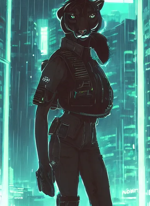 Prompt: beautiful portrait commission of a female furry anthro mountain lion wearing a bullet proof vest and cargo pants. Cyberpunk city at night in the rain. Neon light. Atmospheric. Character design by charlie bowater, ross tran, artgerm, and makoto shinkai, detailed, inked, western comic book art