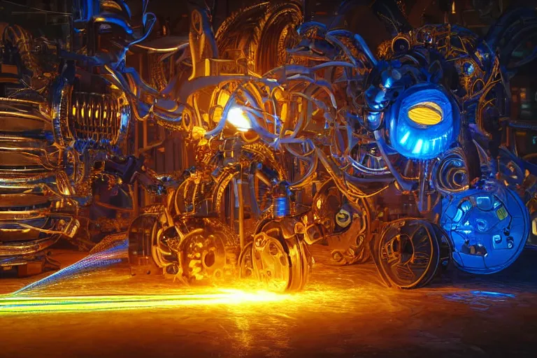 Prompt: portrait photo of a giant huge golden and blue metal steampunk robot with a foamspitting foam machine, with gears and tubes, eyes are glowing red lightbulbs, shiny crisp finish, 3 d render, 8 k, insaneley detailed, fluorescent colors, background is multicolored lasershow