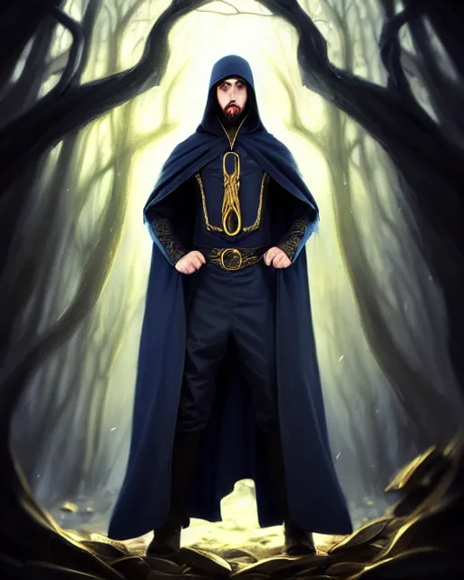 Prompt: handsome male mage fighting, long black hair blue eyes wearing cloth mantle gothic navy cloak with gold details, tree town, fantasy character portrait, ultrarealistic, intricate details, elegant, cinematic lighting, highly detailed, artstation, cgsociety, sharp focus, beautiful digital painting by artgerm, wlop, greg rutkowski