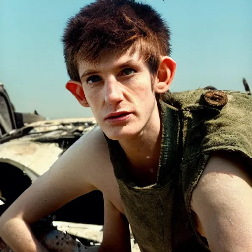 Prompt: close up headshot of a skinny high-fantasy elf with a long face narrow chin and spiky blonde hair wearing dark brown overalls and holding a bomb next to a destroyed car, high resolution film still, HDR color