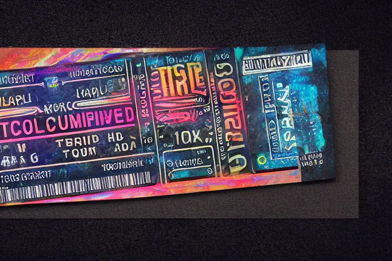 Prompt: photoshop mockup of a concert ticket on a table, bandname is tripmachine, realistic digital art, on the ticket is a 3 d render of a huge futuristic steampunk generator, 8 k, fluorescent colors, halluzinogenic, multicolored, exaggerated detailed, unreal engine