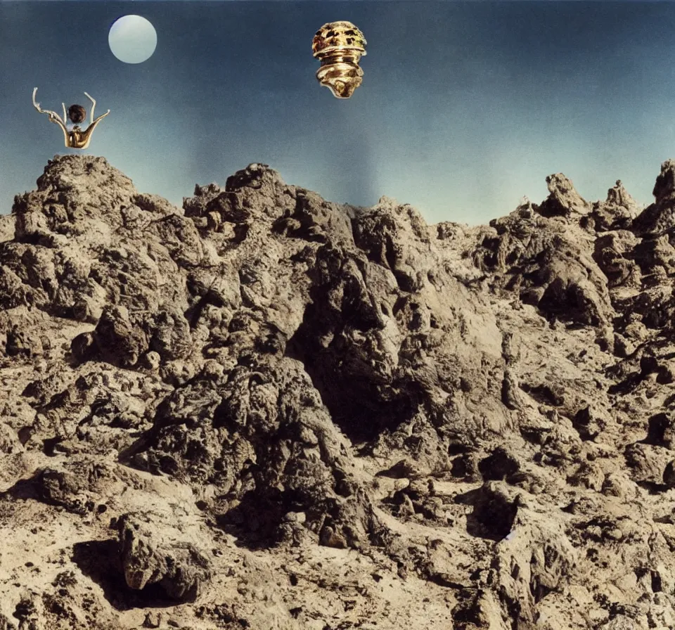 Image similar to portrait of salvador dali wearing a crown and costume with jewels in a dry rocky desert landscape, visible sky and sunny atmosphere, alien spaceship by giger, film still from the movie by alejandro jodorowsky with cinematogrophy of christopher doyle and art direction by hans giger, anamorphic lens, kodakchrome, very detailed photo, 8 k