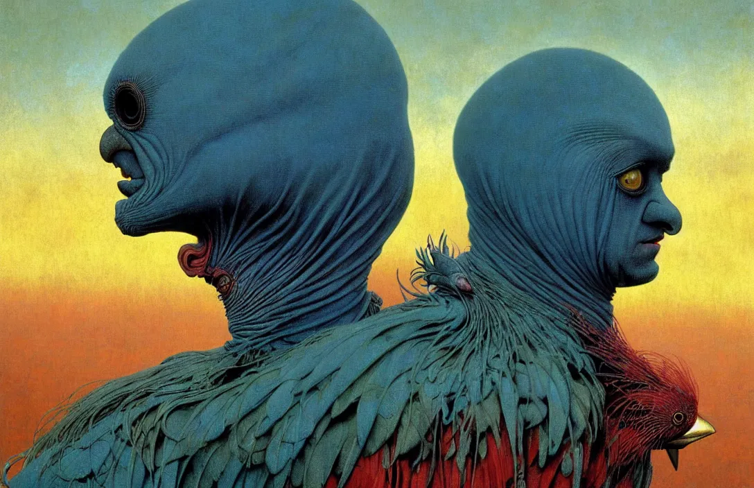 Image similar to realistic detailed portrait movie shot of a birdman wearing dark ragged robes, sci fi city sunset landscape background by denis villeneuve, amano, yves tanguy, alphonse mucha, ernst haeckel, max ernst, roger dean, masterpiece, rich moody colours, bird head, blue eyes