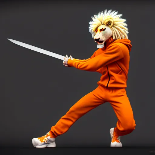 Image similar to commission of a fit male anthro albino lion holding a sword wearing an orange tracksuit,SFW,artstation,deviantart, science fiction industrial hard science concept art, 8K render octane high definition cgsociety