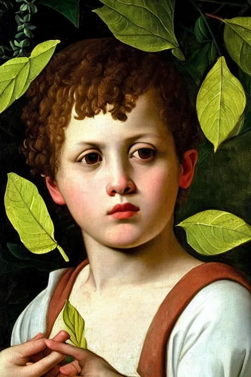 Prompt: renaissance painting of young boy in the garden, closeup, short hair, interest face, emotions closeup, dressed in roman armour, the beautiful garden with birch leaves everywhere, ultra detailed, art by Guido Reni style, Vincenzo Catena style