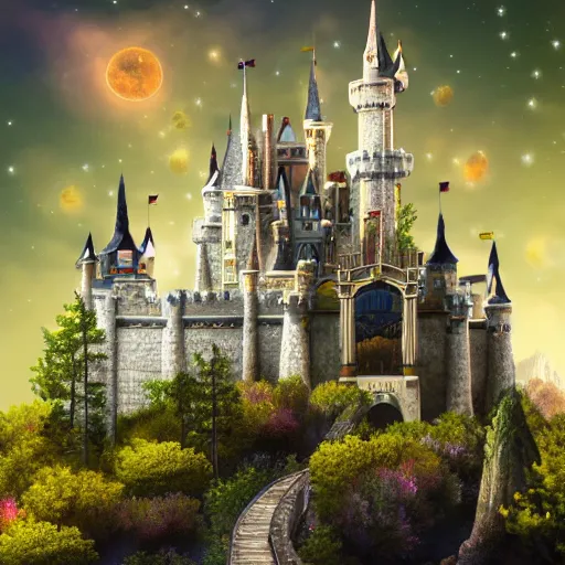 Prompt: a picture of a fantasy castle, sitting on top a hill, surrounded by the stars, lifelike, ultra realistic, photography, magical