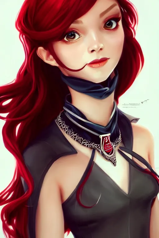 Image similar to a full body portrait of a gorgeous female ranger, looking at camera, D&D, choker on neck, stylish dress, very long flowing red hair, intricate, elegant, stylish, cute slightly nerdy smile, mouth slightly open, fantasy, extremely detailed, digital painting, artstation, concept art, smooth, sharp focus, illustration, stunning lighting, art by artgerm and greg rutkowski and alphonse mucha and simon stalenhag