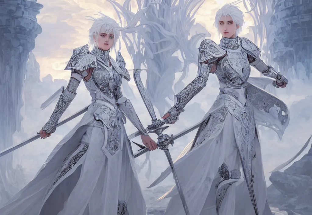 Prompt: white hair knights of zodiac girl wearing matt white ice color armor, kenjutsu dueling in ruined agora of athens sunrise, ssci - fi and fantasy, intricate and very beautiful and elegant, highly detailed, digital painting, artstation, concept art, smooth and sharp focus, illustration, art by tian zi and wlop and alphonse mucha