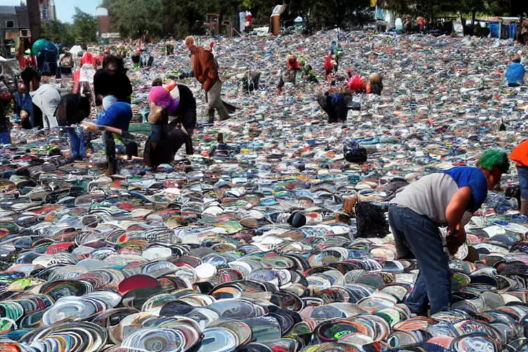 Image similar to sugondese people sorting a giant pile of compact discs