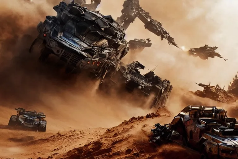 Image similar to epic sandstorm battle, Action, movie pacific rim, in the Movie transformers, in the Movie Mad Max: Fury Road (2015)