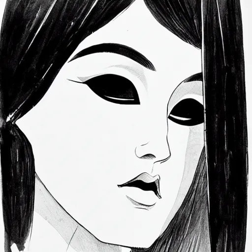 Prompt: an ink drawing of an opera mask by ilya kuvshinov, black and white