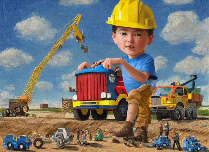 Prompt: a boy and his construction truck friends in a construction site in the style of pixars cars, in the style of jeremy enecio, intricate, miles johnston, monet, cynical realism, john william godward, painterly, yoshitaka amano, miles johnston, louise zhang, pekka halonen, finnish naturalism, realism