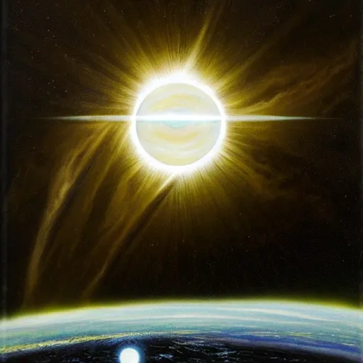 Image similar to starship, solar eclipse, looming over the earth, artstation hq, painting by gustave dore