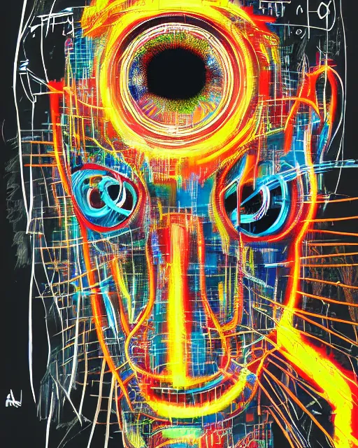 Prompt: a cyberpunk portrait of an anthropomorphic elephant by jean - michel basquiat, by hayao miyazaki by artgerm, highly detailed, sacred geometry, mathematics, snake, geometry, cyberpunk, vibrant, water