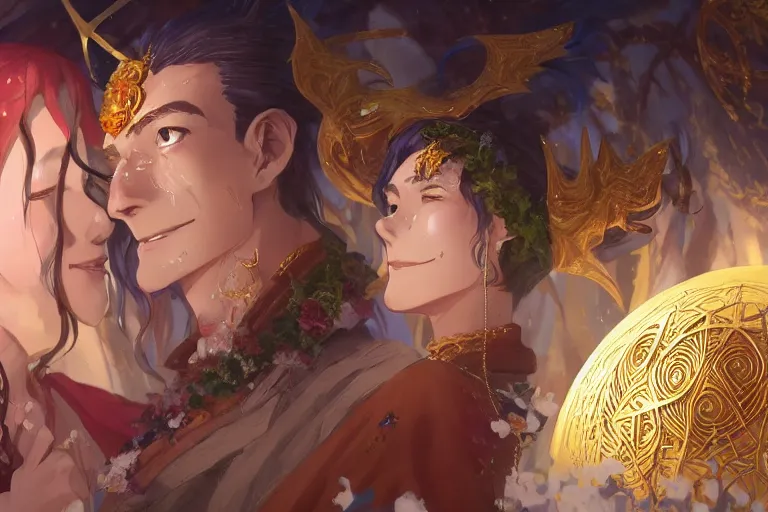 Image similar to close up moment of a divine a sun god and a moon goddess lovers magician at a wedding banquet, highly detailed, d & d, fantasy, 4 k realistic, digital painting, trending on artstation, concept art, sharp focus, illustration, art by makoto shinkai and akihiko yoshida and daniel gerhartz