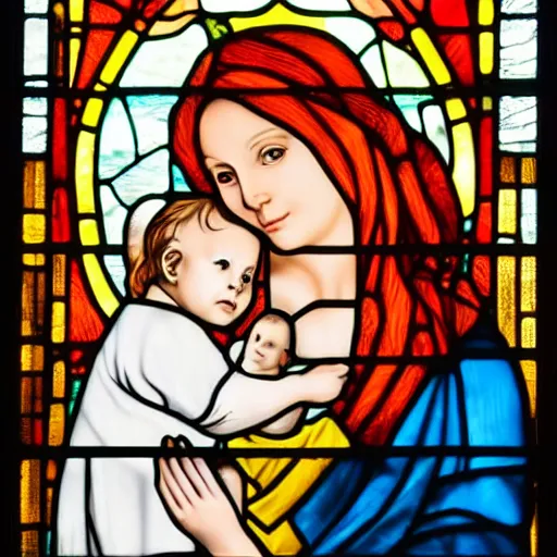 Prompt: a beautiful pale woman with orange hair holding a baby boy, on a stained glass window